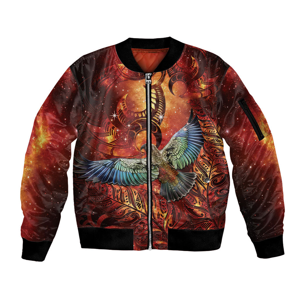 New Zealand Kea Bird Matariki Personalised Sleeve Zip Bomber Jacket Silver Fern Maori Pattern