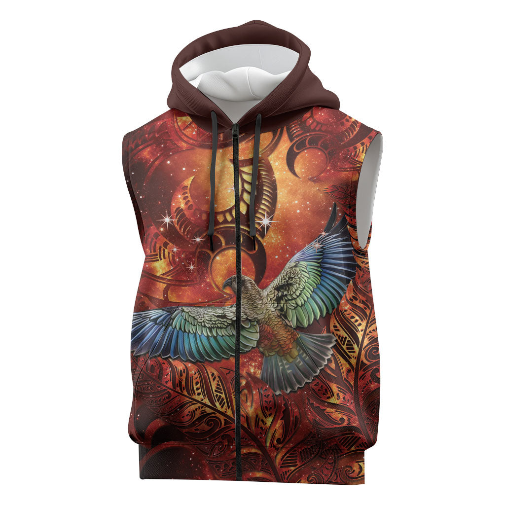 New Zealand Kea Bird Matariki Personalised Sleeveless Zip Hoodie Silver Fern Maori Pattern LT22 Orange - Polynesian Pride
