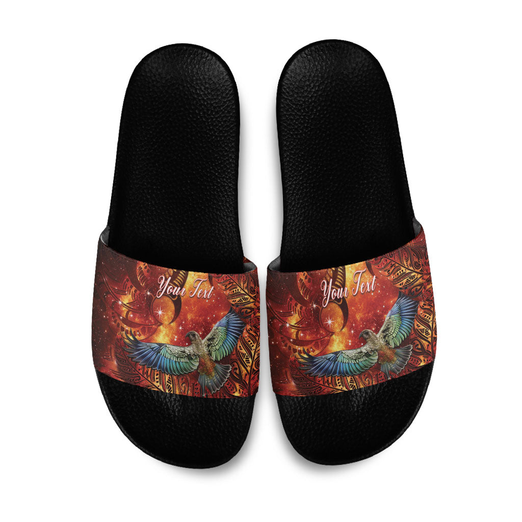 New Zealand Kea Bird Matariki Personalised Slide Sandals Silver Fern Maori Pattern