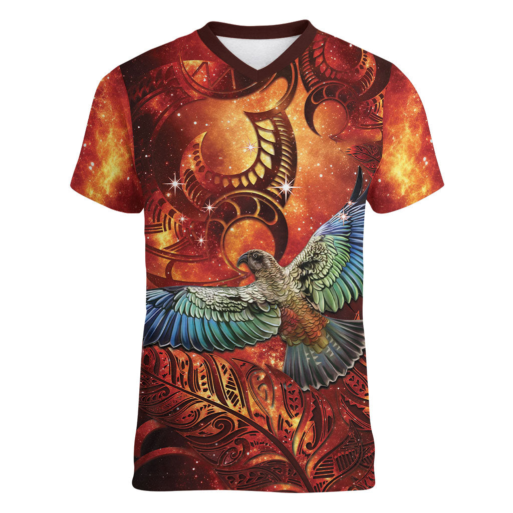 New Zealand Kea Bird Matariki Personalised Women V-Neck T-Shirt Silver Fern Maori Pattern LT22 Female Orange - Polynesian Pride