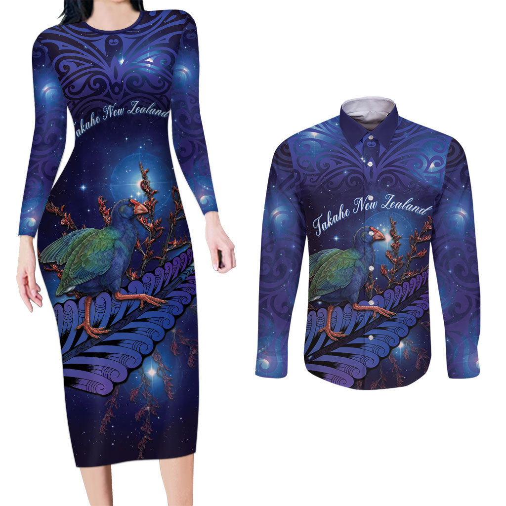 Takahe New Zealand Personalised Couples Matching Long Sleeve Bodycon Dress and Long Sleeve Button Shirt Harakeke Silver Fern Maori Pattern LT22 Blue - Polynesian Pride