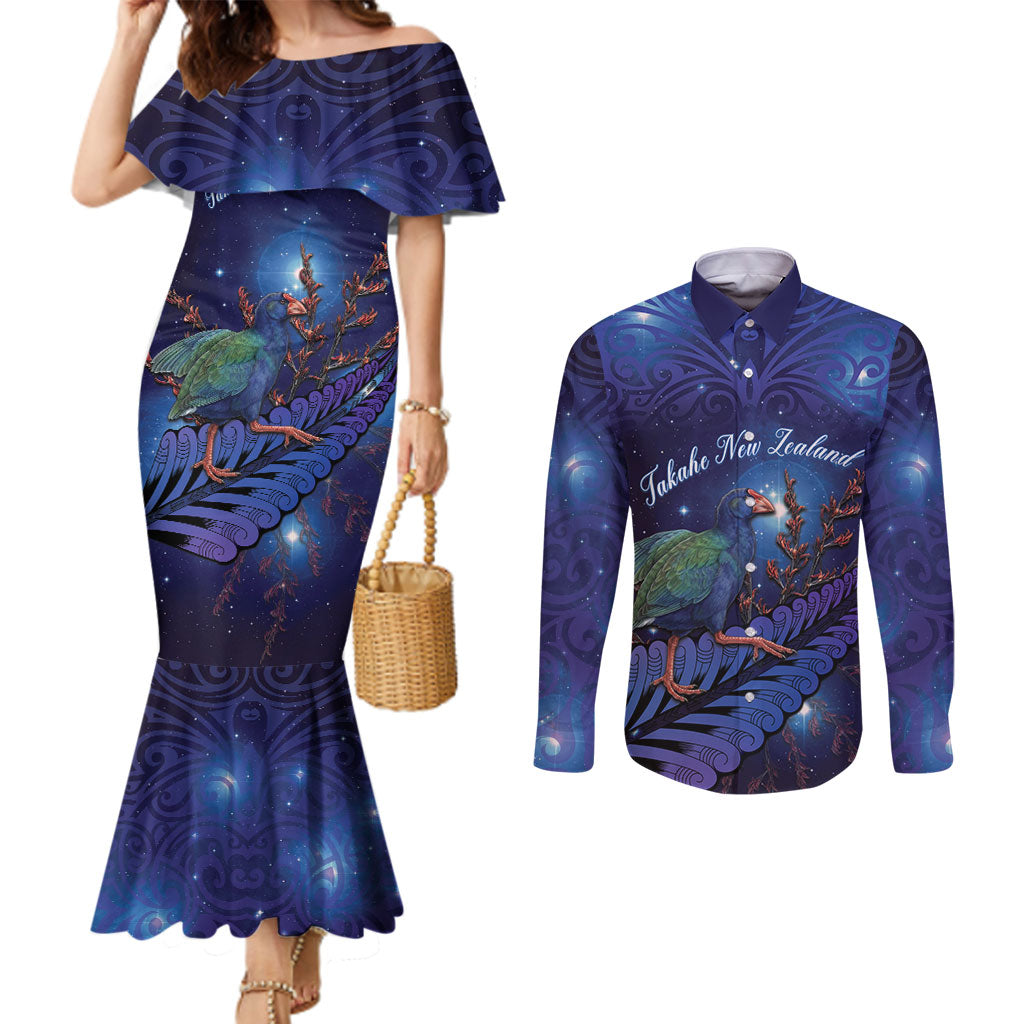 Takahe New Zealand Personalised Couples Matching Mermaid Dress and Long Sleeve Button Shirt Harakeke Silver Fern Maori Pattern LT22 Blue - Polynesian Pride