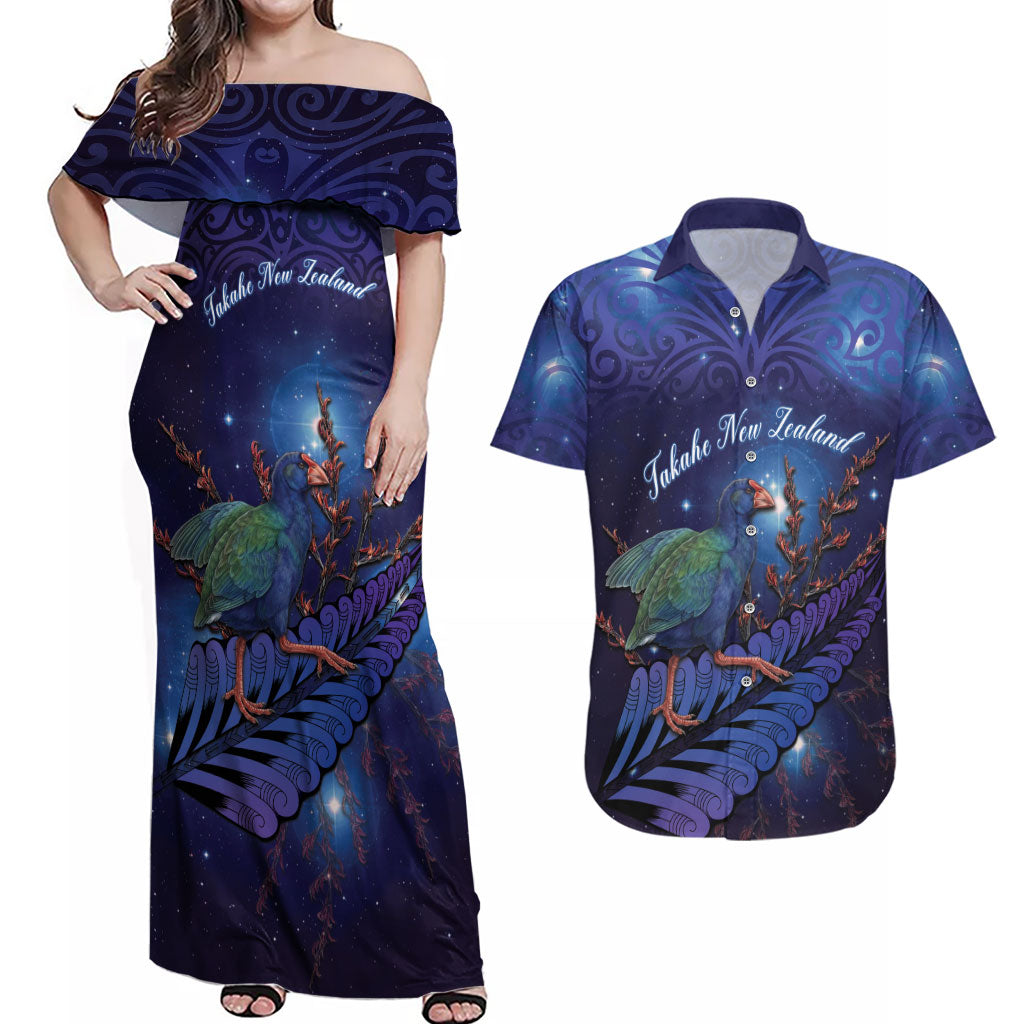 Takahe New Zealand Personalised Couples Matching Off Shoulder Maxi Dress and Hawaiian Shirt Harakeke Silver Fern Maori Pattern LT22 Blue - Polynesian Pride