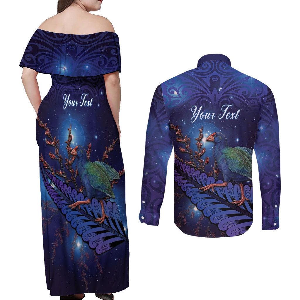 Takahe New Zealand Personalised Couples Matching Off Shoulder Maxi Dress and Long Sleeve Button Shirt Harakeke Silver Fern Maori Pattern LT22 - Polynesian Pride