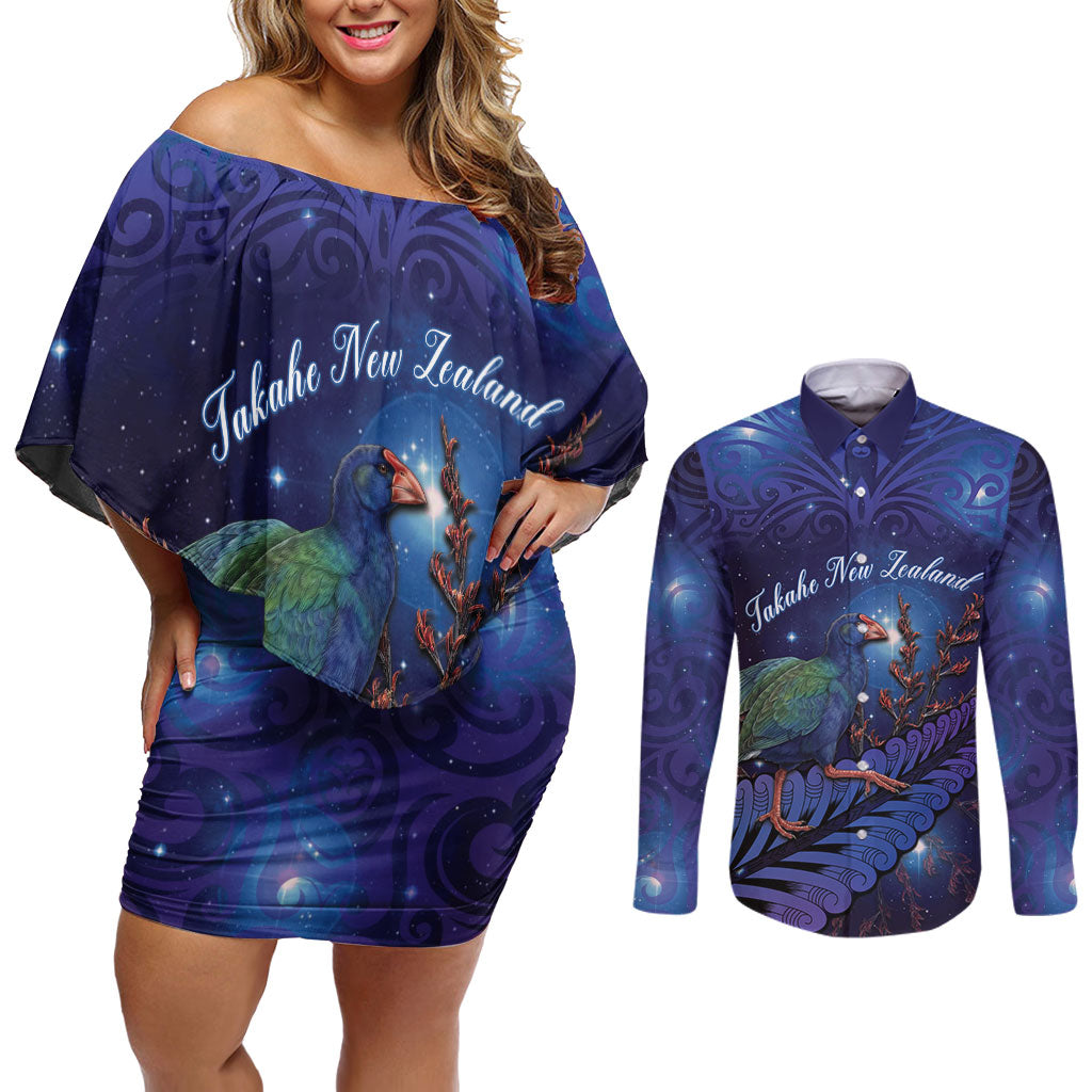 Takahe New Zealand Personalised Couples Matching Off Shoulder Short Dress and Long Sleeve Button Shirt Harakeke Silver Fern Maori Pattern LT22 Blue - Polynesian Pride