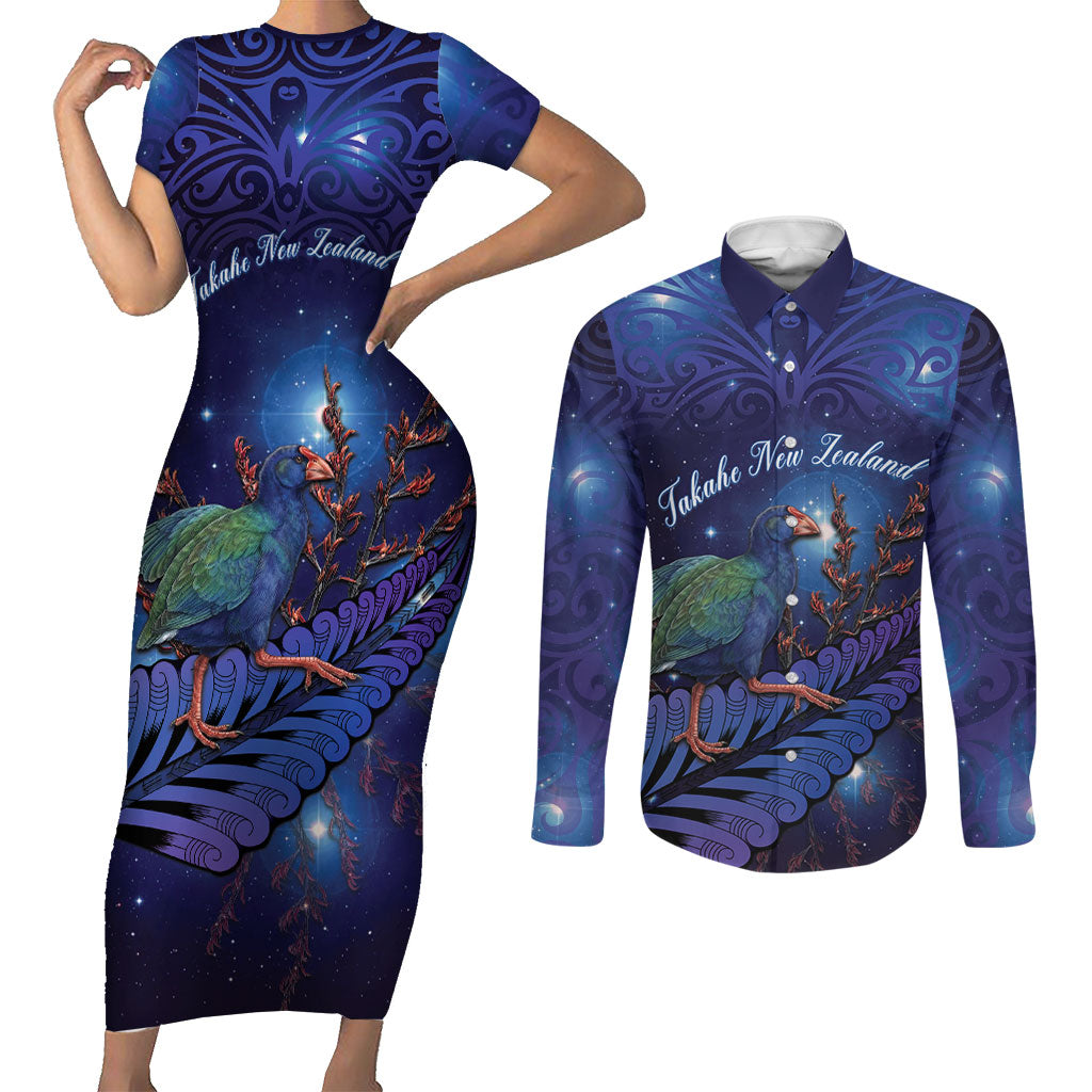Takahe New Zealand Personalised Couples Matching Short Sleeve Bodycon Dress and Long Sleeve Button Shirt Harakeke Silver Fern Maori Pattern LT22 Blue - Polynesian Pride