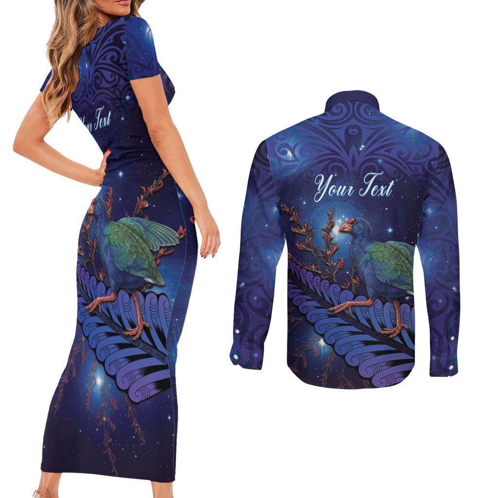 Takahe New Zealand Personalised Couples Matching Short Sleeve Bodycon Dress and Long Sleeve Button Shirt Harakeke Silver Fern Maori Pattern LT22 - Polynesian Pride