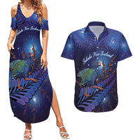 Takahe New Zealand Personalised Couples Matching Summer Maxi Dress and Hawaiian Shirt Harakeke Silver Fern Maori Pattern LT22 Blue - Polynesian Pride