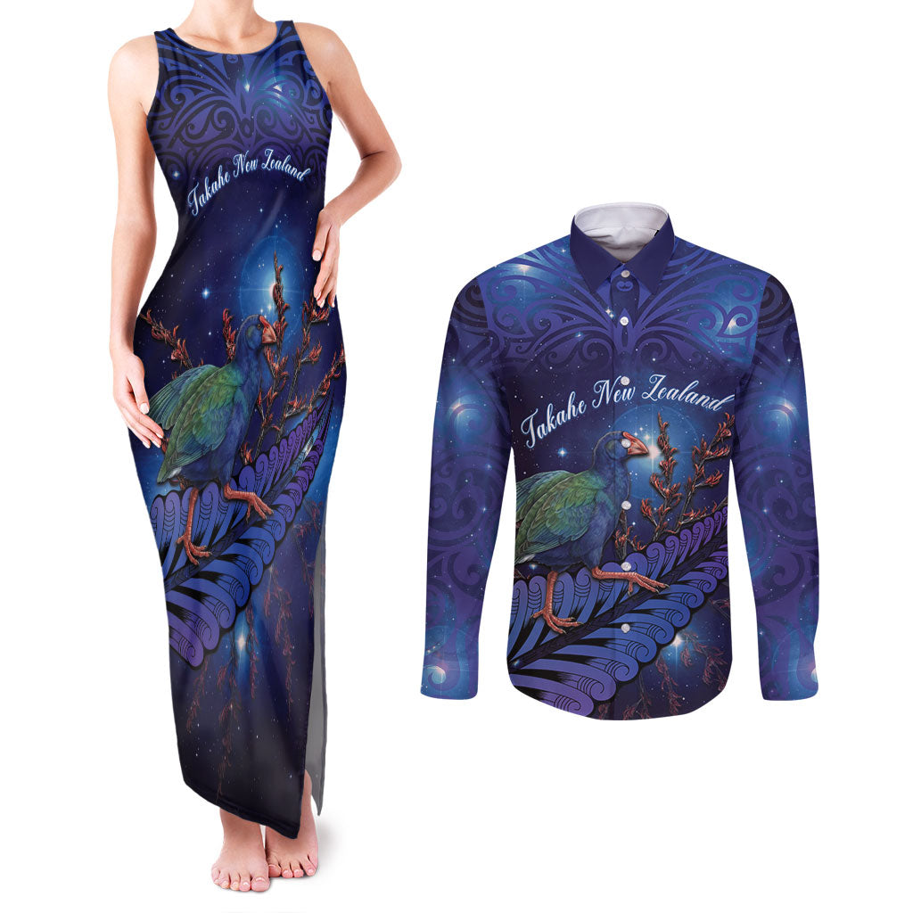 Takahe New Zealand Personalised Couples Matching Tank Maxi Dress and Long Sleeve Button Shirt Harakeke Silver Fern Maori Pattern LT22 Blue - Polynesian Pride