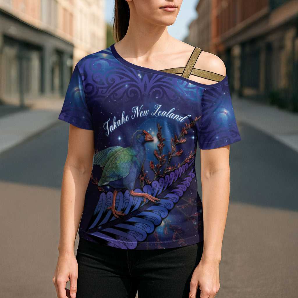 Takahe New Zealand Personalised Cross Shoulder Shirt Harakeke Silver Fern Maori Pattern