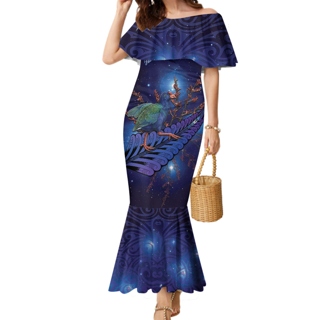 Takahe New Zealand Personalised Family Matching Mermaid Dress and Hawaiian Shirt Harakeke Silver Fern Maori Pattern LT22 Mom's Dress Blue - Polynesian Pride