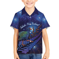 Takahe New Zealand Personalised Family Matching Mermaid Dress and Hawaiian Shirt Harakeke Silver Fern Maori Pattern LT22 Son's Shirt Blue - Polynesian Pride