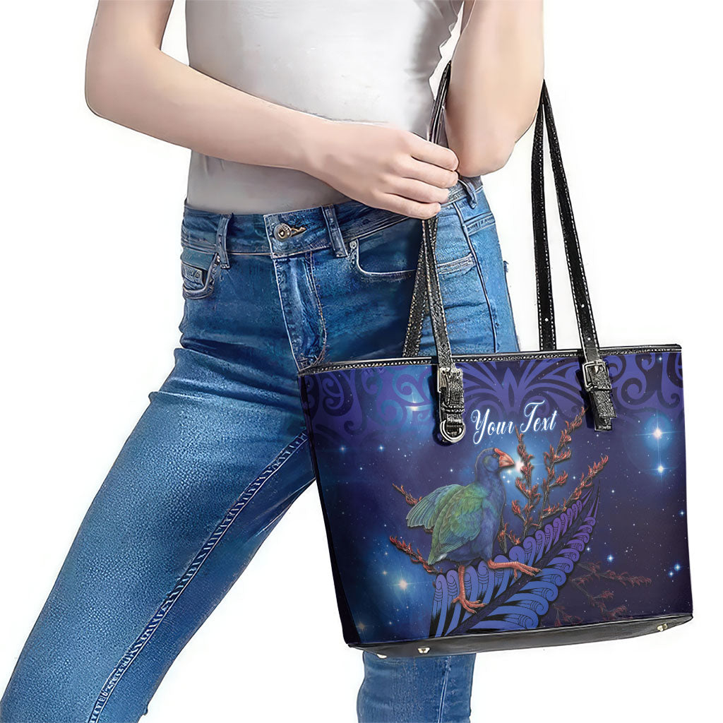 Takahe New Zealand Personalised Leather Tote Bag Harakeke Silver Fern Maori Pattern