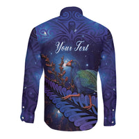 Takahe New Zealand Personalised Long Sleeve Button Shirt Harakeke Silver Fern Maori Pattern