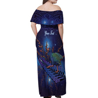 Takahe New Zealand Personalised Off Shoulder Maxi Dress Harakeke Silver Fern Maori Pattern