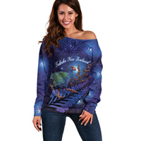 Takahe New Zealand Personalised Off Shoulder Sweater Harakeke Silver Fern Maori Pattern