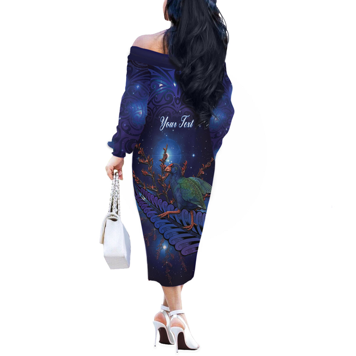 Takahe New Zealand Personalised Off The Shoulder Long Sleeve Dress Harakeke Silver Fern Maori Pattern LT22 - Polynesian Pride