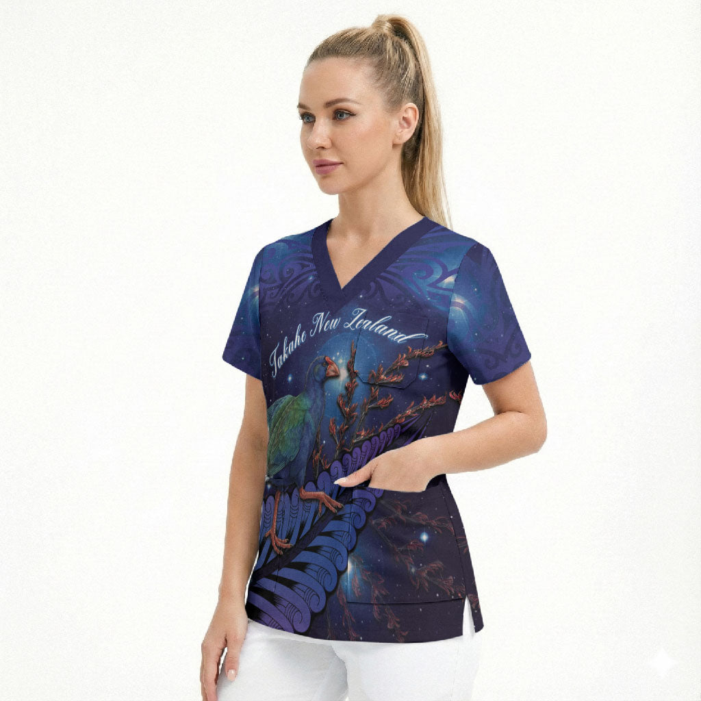 Takahe New Zealand Personalised Scrub Top Harakeke Silver Fern Maori Pattern