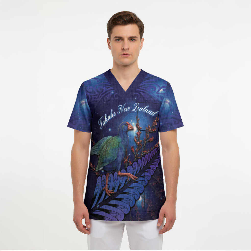 Takahe New Zealand Personalised Scrub Top Harakeke Silver Fern Maori Pattern