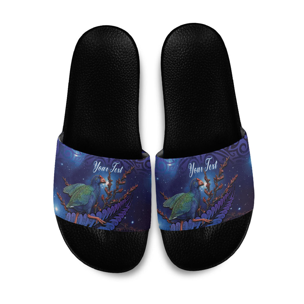 Takahe New Zealand Personalised Slide Sandals Harakeke Silver Fern Maori Pattern