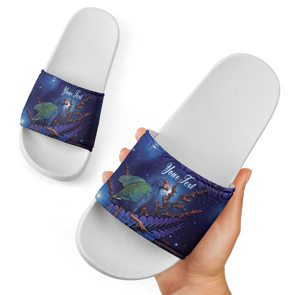 Takahe New Zealand Personalised Slide Sandals Harakeke Silver Fern Maori Pattern