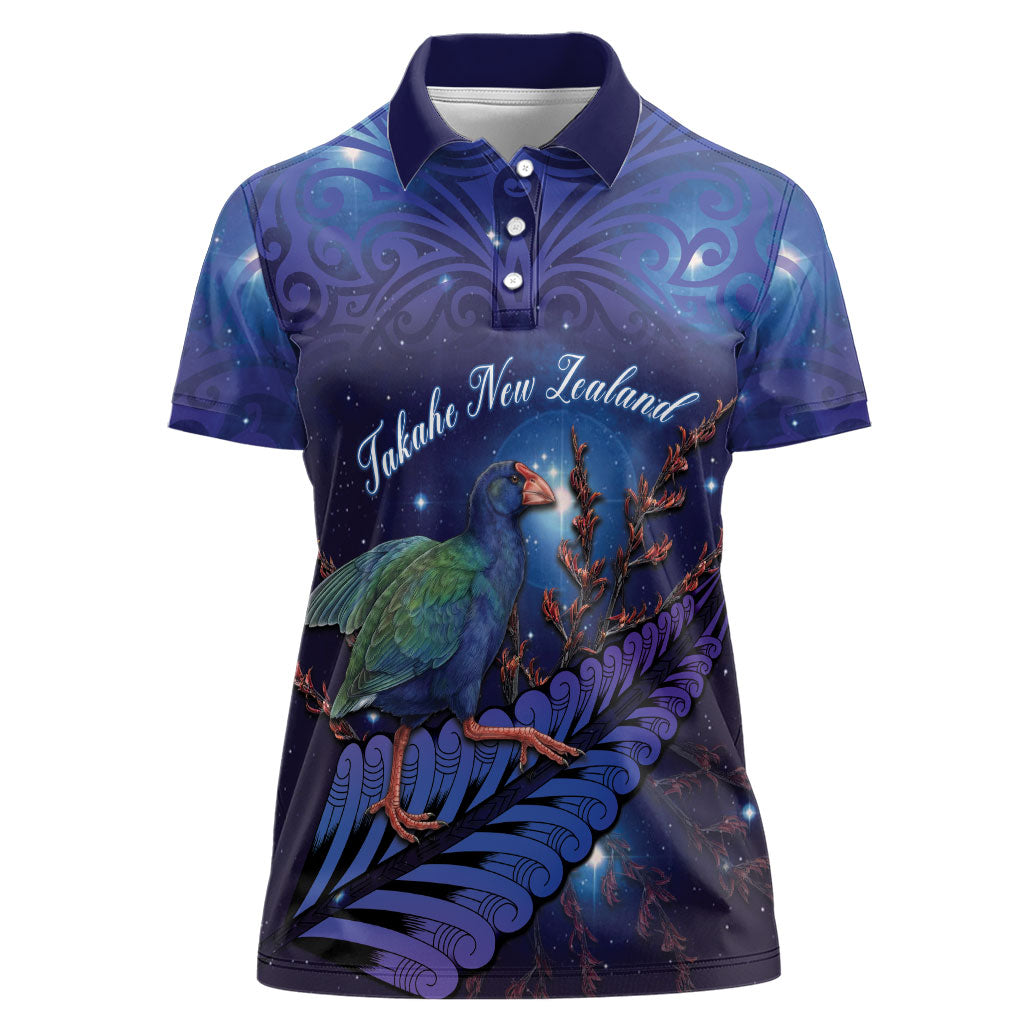 Takahe New Zealand Personalised Women Polo Shirt Harakeke Silver Fern Maori Pattern LT22 Female Blue - Polynesian Pride