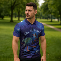 Takahe New Zealand Personalised Zipper Polo Shirt Harakeke Silver Fern Maori Pattern