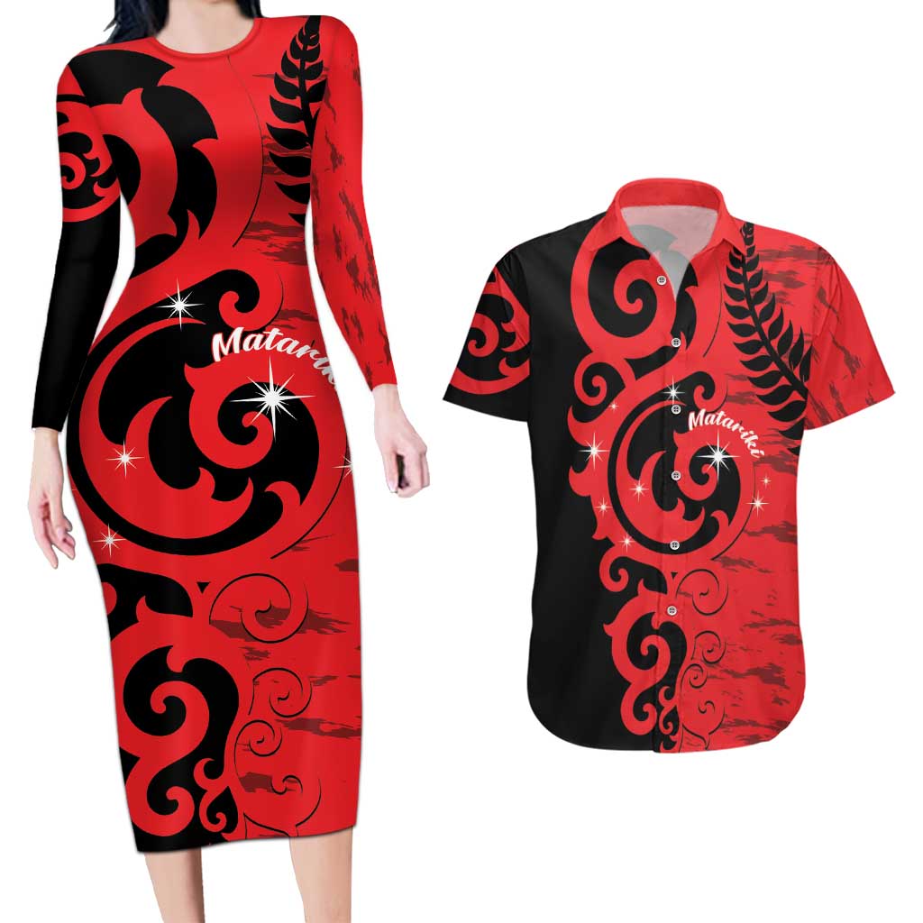 New Zealand Matariki Couples Matching Long Sleeve Bodycon Dress and Hawaiian Shirt Maori New Year Koru Pattern LT22 Red - Polynesian Pride