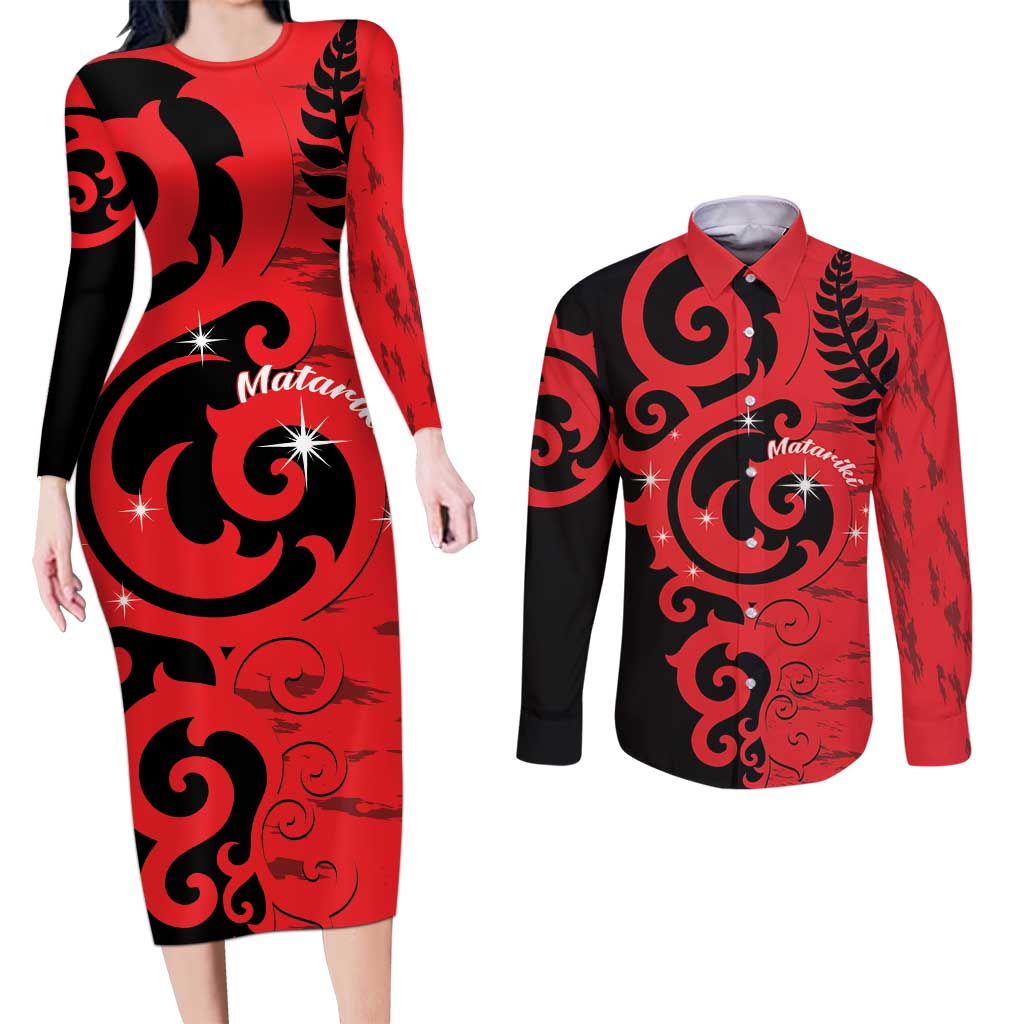New Zealand Matariki Couples Matching Long Sleeve Bodycon Dress and Long Sleeve Button Shirt Maori New Year Koru Pattern LT22 Red - Polynesian Pride