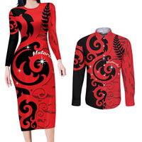 New Zealand Matariki Couples Matching Long Sleeve Bodycon Dress and Long Sleeve Button Shirt Maori New Year Koru Pattern LT22 Red - Polynesian Pride