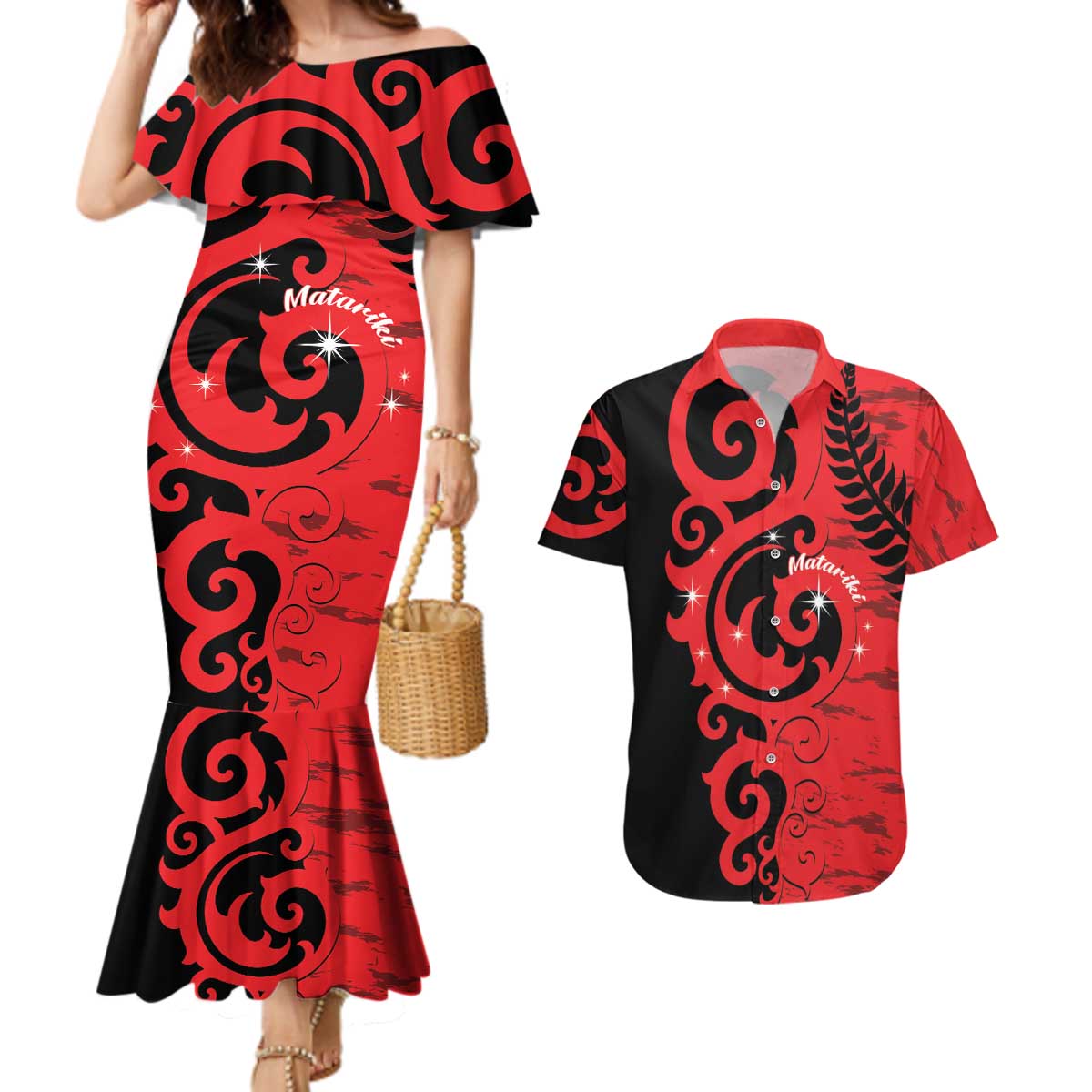 New Zealand Matariki Couples Matching Mermaid Dress and Hawaiian Shirt Maori New Year Koru Pattern LT22 Red - Polynesian Pride
