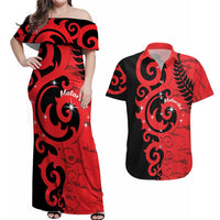 New Zealand Matariki Couples Matching Off Shoulder Maxi Dress and Hawaiian Shirt Maori New Year Koru Pattern LT22 Red - Polynesian Pride
