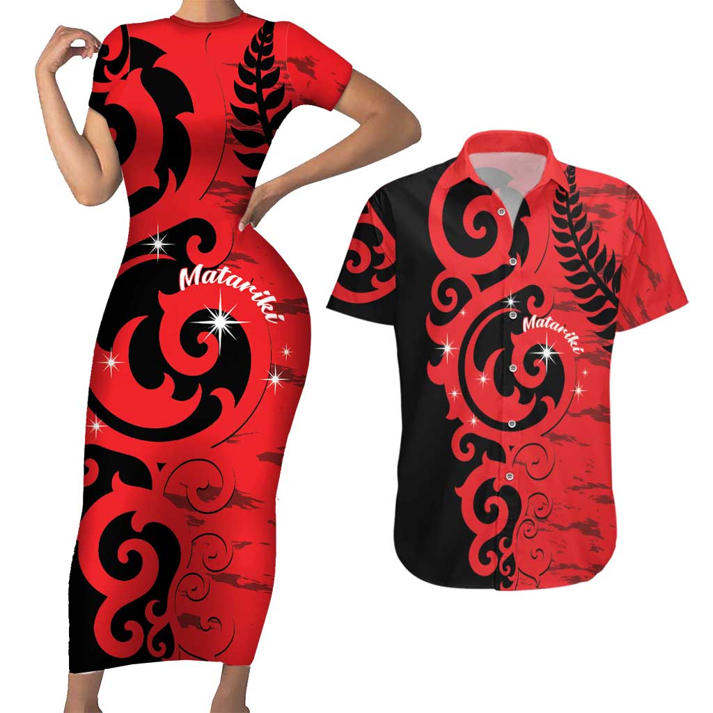 New Zealand Matariki Couples Matching Short Sleeve Bodycon Dress and Hawaiian Shirt Maori New Year Koru Pattern LT22 Red - Polynesian Pride