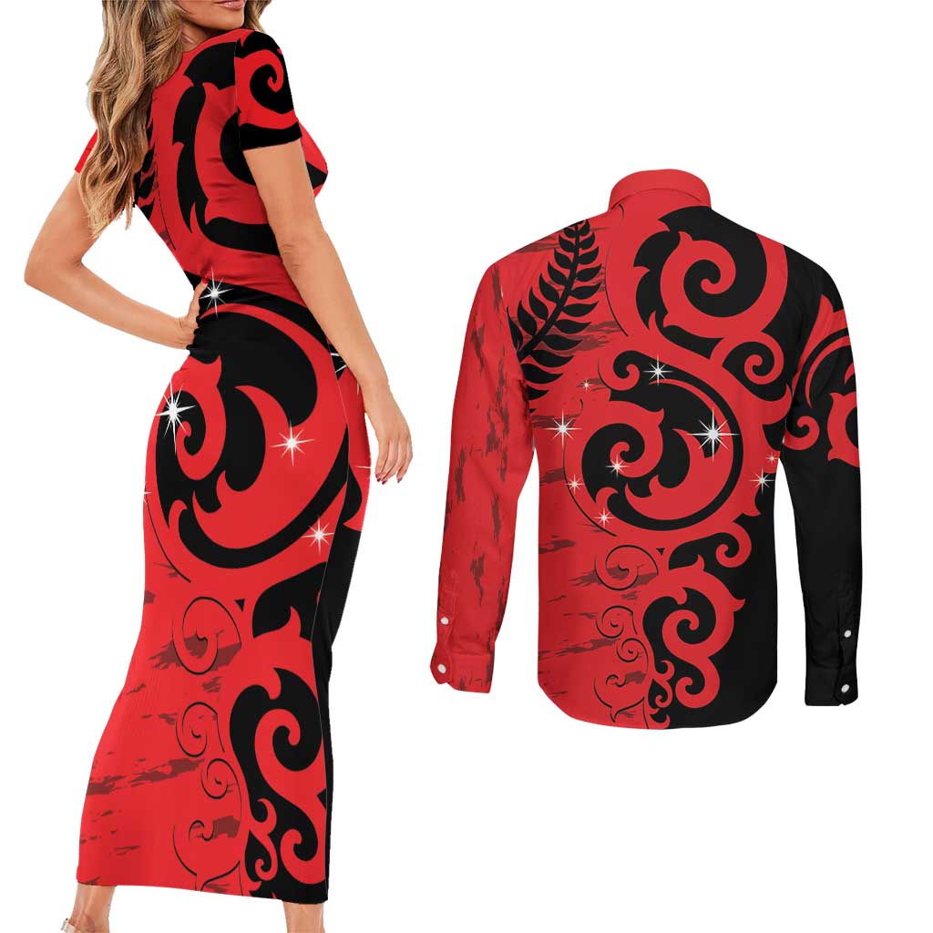 New Zealand Matariki Couples Matching Short Sleeve Bodycon Dress and Long Sleeve Button Shirt Maori New Year Koru Pattern LT22 - Polynesian Pride