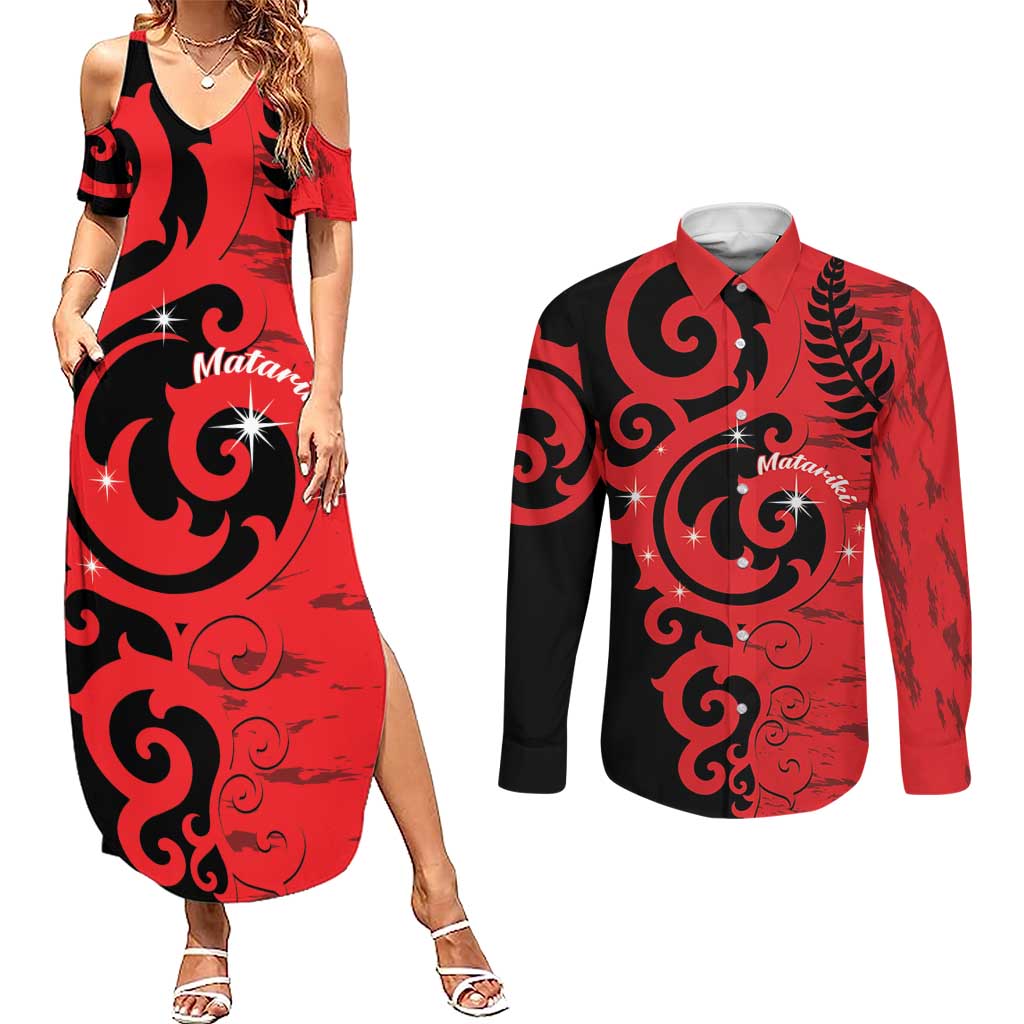 New Zealand Matariki Couples Matching Summer Maxi Dress and Long Sleeve Button Shirt Maori New Year Koru Pattern