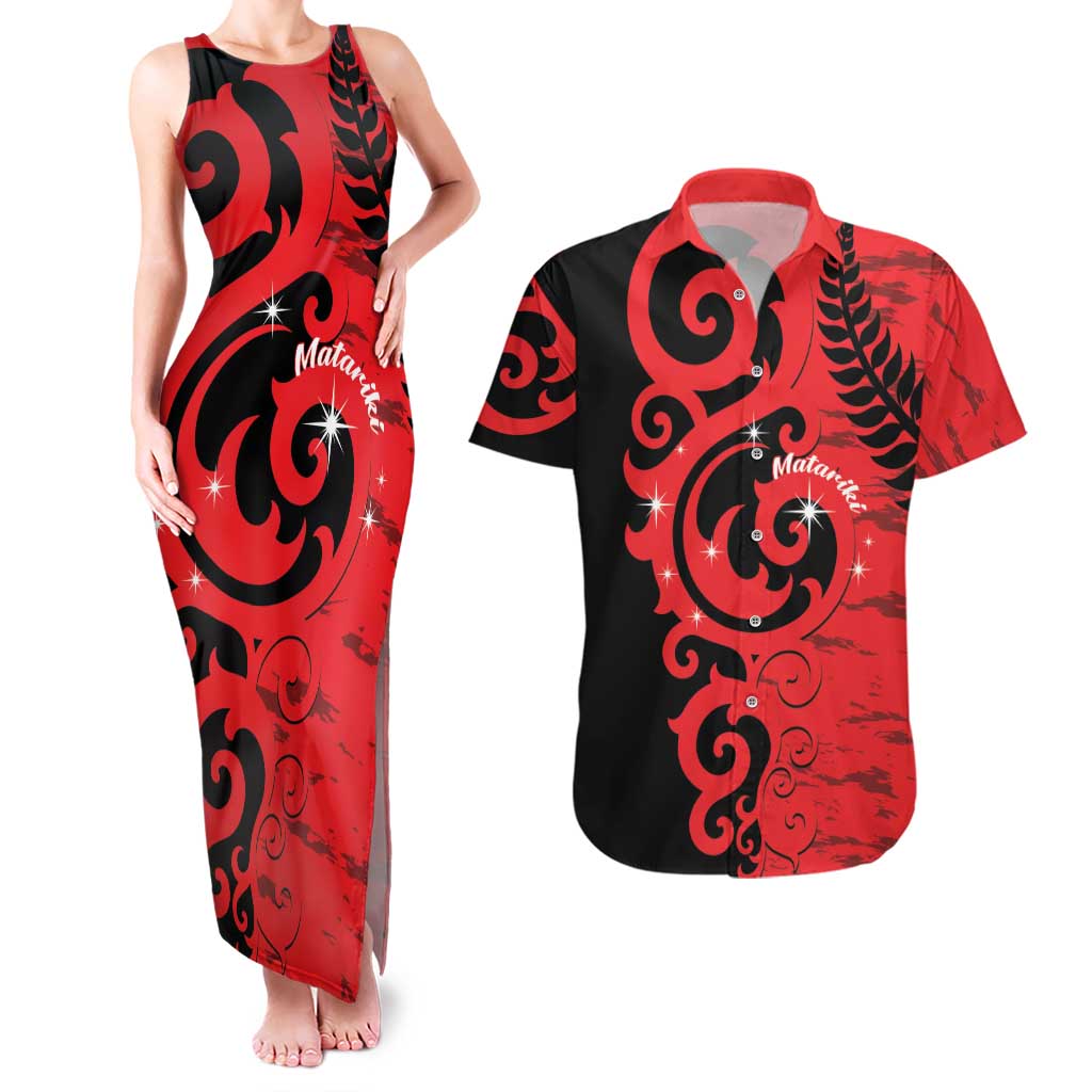 New Zealand Matariki Couples Matching Tank Maxi Dress and Hawaiian Shirt Maori New Year Koru Pattern LT22 Red - Polynesian Pride