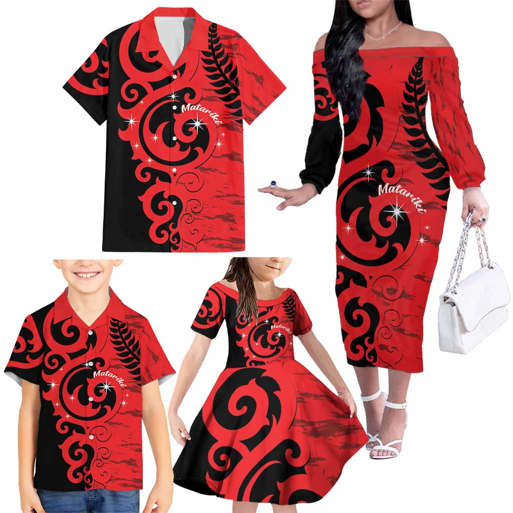 New Zealand Matariki Family Matching Off The Shoulder Long Sleeve Dress and Hawaiian Shirt Maori New Year Koru Pattern