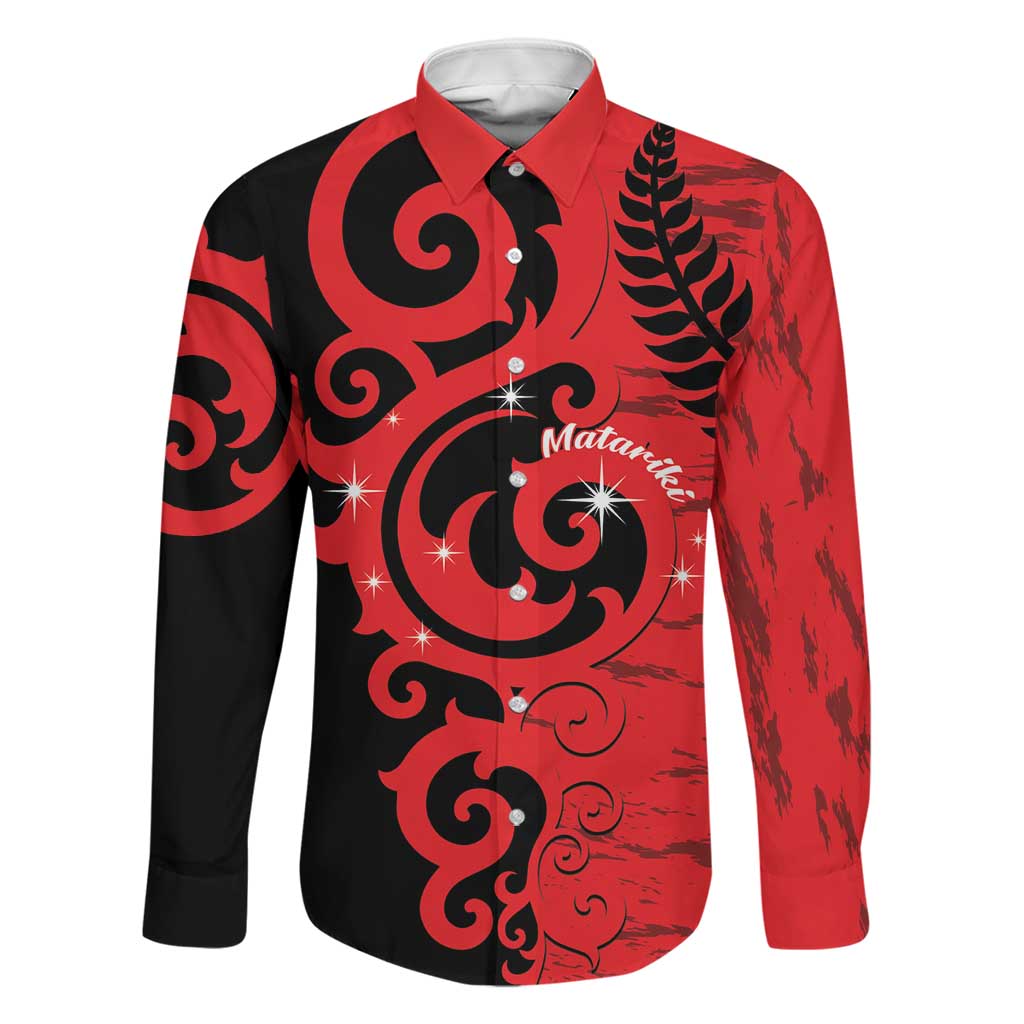 New Zealand Matariki Family Matching Off The Shoulder Long Sleeve Dress and Hawaiian Shirt Maori New Year Koru Pattern LT22 Dad's Shirt - Long Sleeve Red - Polynesian Pride