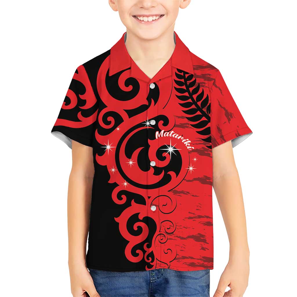 New Zealand Matariki Family Matching Off Shoulder Short Dress and Hawaiian Shirt Maori New Year Koru Pattern LT22 Son's Shirt Red - Polynesian Pride