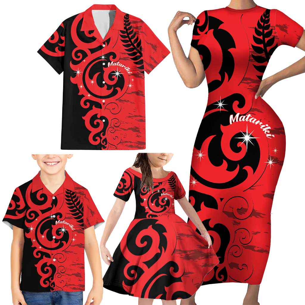 New Zealand Matariki Family Matching Short Sleeve Bodycon Dress and Hawaiian Shirt Maori New Year Koru Pattern LT22 - Polynesian Pride