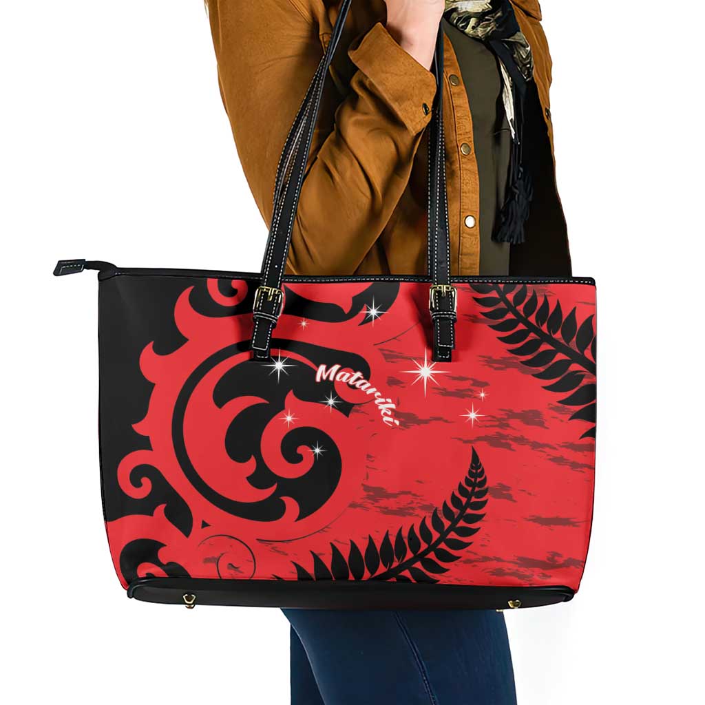 New Zealand Matariki Leather Tote Bag Maori New Year Koru Pattern
