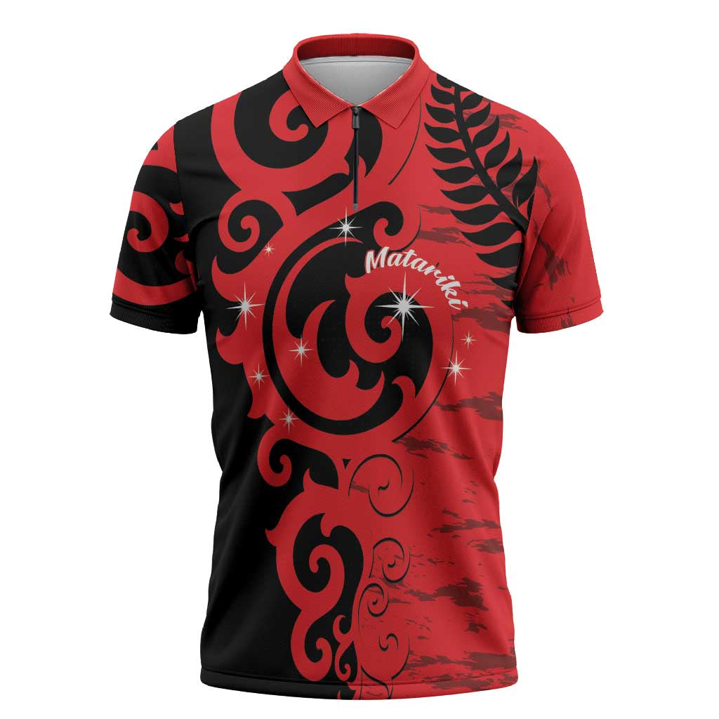 New Zealand Matariki Zipper Polo Shirt Maori New Year Koru Pattern
