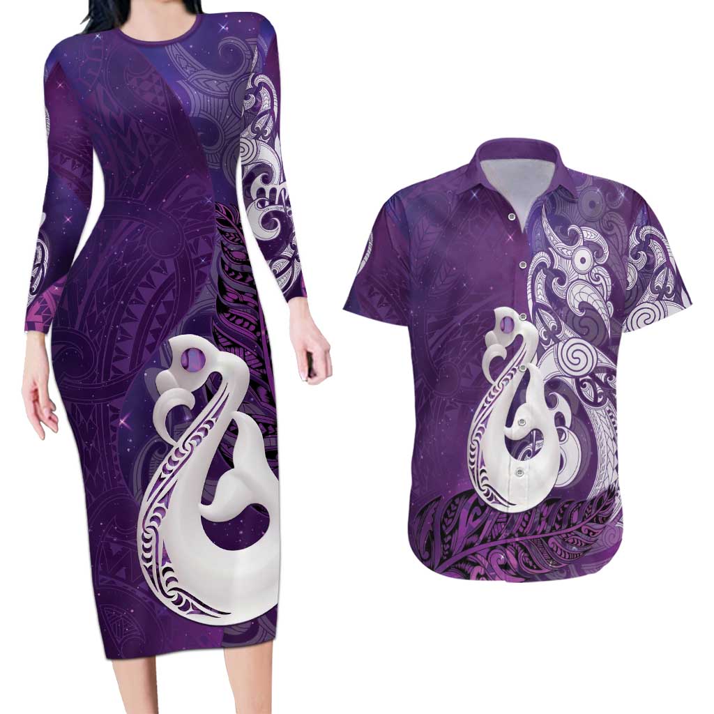 New Zealand Matariki Couples Matching Long Sleeve Bodycon Dress and Hawaiian Shirt Maori Manaia Galaxy Silver Fern Purple Color