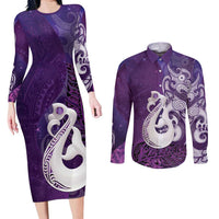 New Zealand Matariki Couples Matching Long Sleeve Bodycon Dress and Long Sleeve Button Shirt Maori Manaia Galaxy Silver Fern Purple Color LT22 Purple - Polynesian Pride