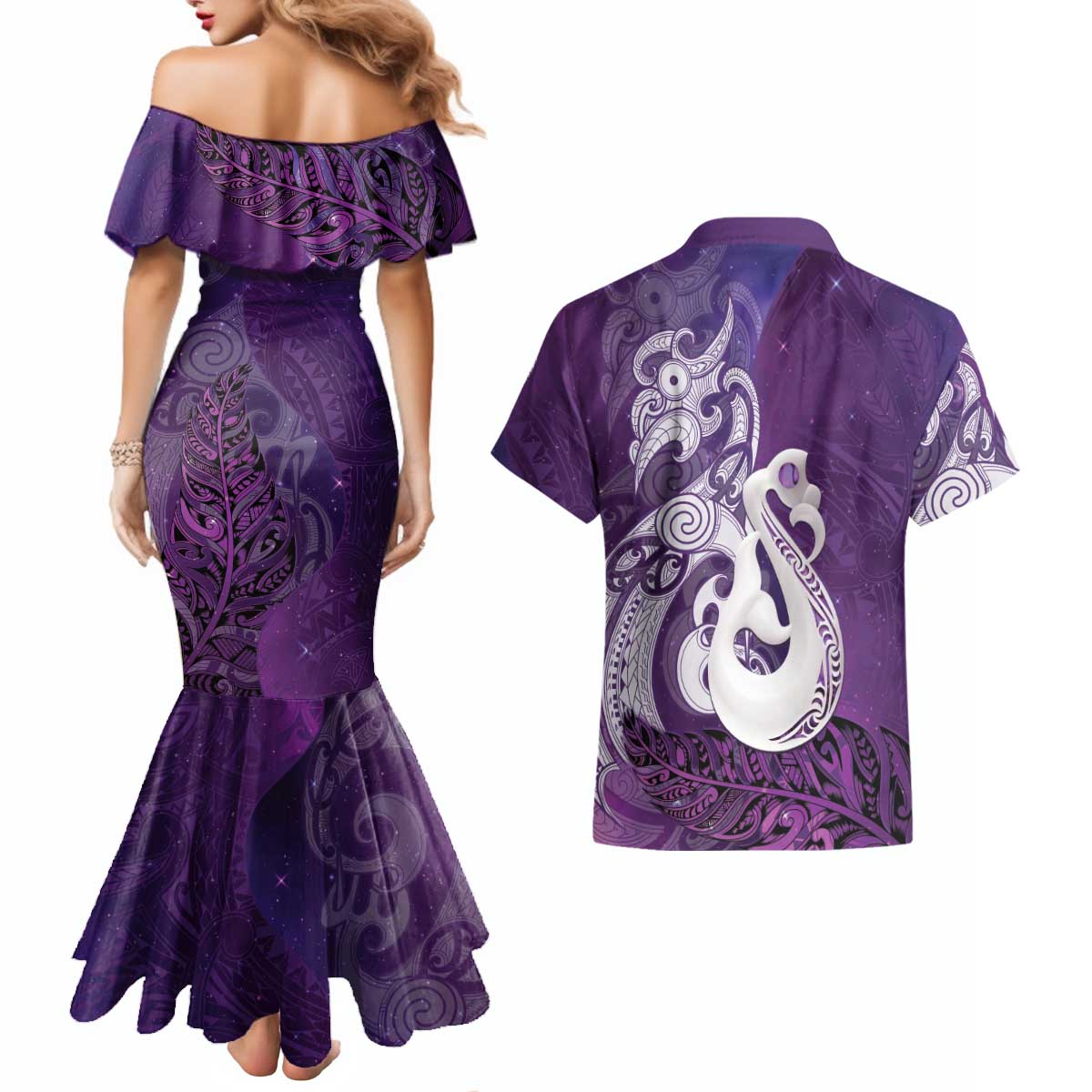New Zealand Matariki Couples Matching Mermaid Dress and Hawaiian Shirt Maori Manaia Galaxy Silver Fern Purple Color LT22 - Polynesian Pride