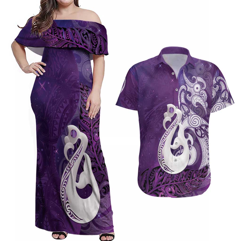 New Zealand Matariki Couples Matching Off Shoulder Maxi Dress and Hawaiian Shirt Maori Manaia Galaxy Silver Fern Purple Color LT22 Purple - Polynesian Pride