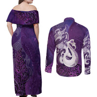 New Zealand Matariki Couples Matching Off Shoulder Maxi Dress and Long Sleeve Button Shirt Maori Manaia Galaxy Silver Fern Purple Color LT22 - Polynesian Pride