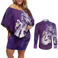 New Zealand Matariki Couples Matching Off Shoulder Short Dress and Long Sleeve Button Shirt Maori Manaia Galaxy Silver Fern Purple Color LT22 Purple - Polynesian Pride
