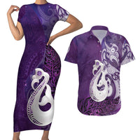 New Zealand Matariki Couples Matching Short Sleeve Bodycon Dress and Hawaiian Shirt Maori Manaia Galaxy Silver Fern Purple Color LT22 Purple - Polynesian Pride
