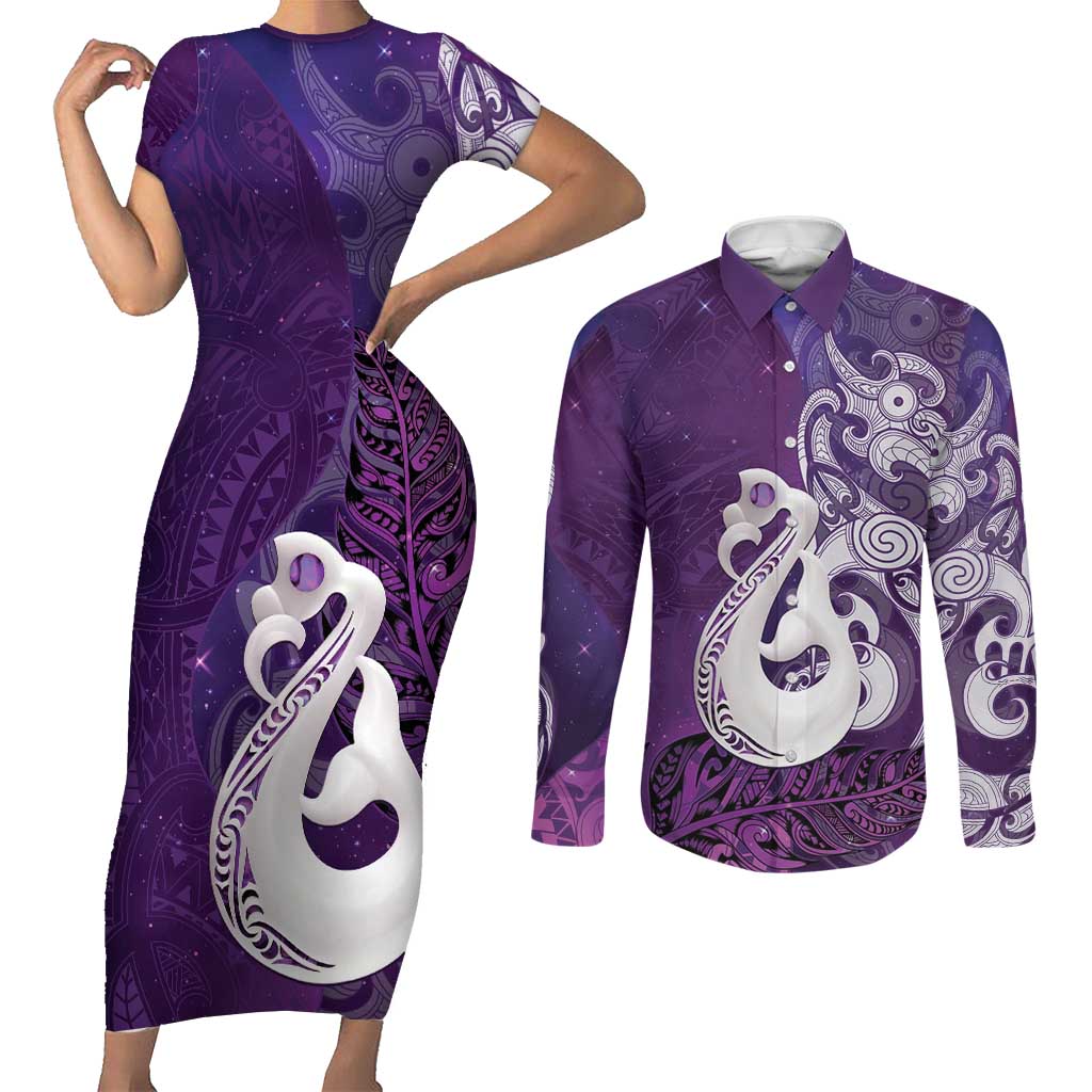 New Zealand Matariki Couples Matching Short Sleeve Bodycon Dress and Long Sleeve Button Shirt Maori Manaia Galaxy Silver Fern Purple Color